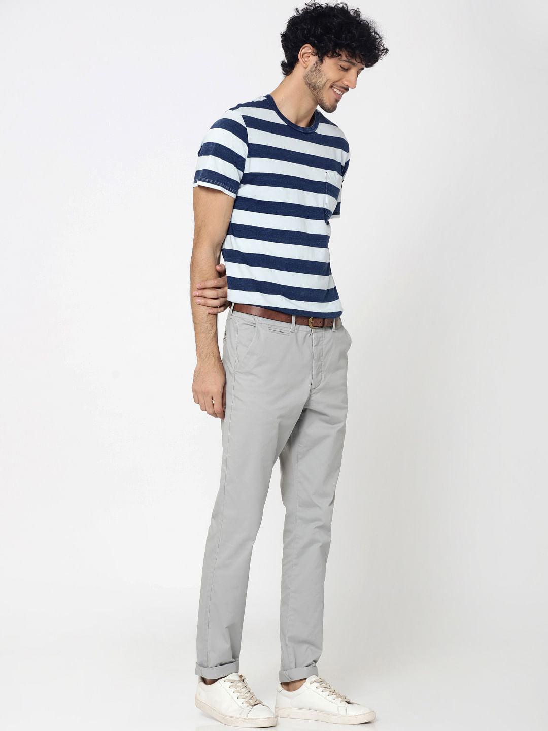 White & Indigo Block Striped Front Pocket Crew Neck T-Shirt