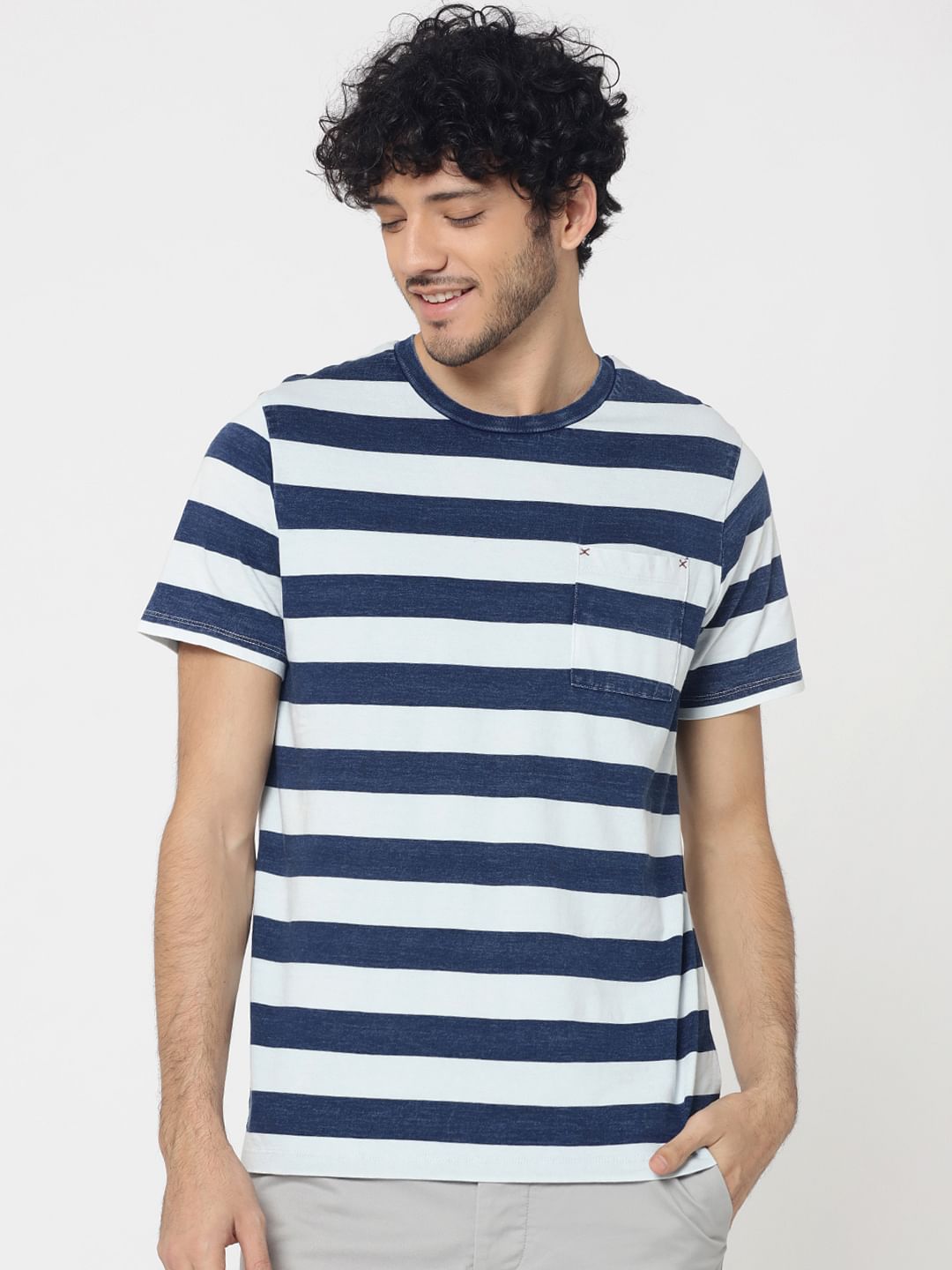 White & Indigo Block Striped Front Pocket Crew Neck T-Shirt