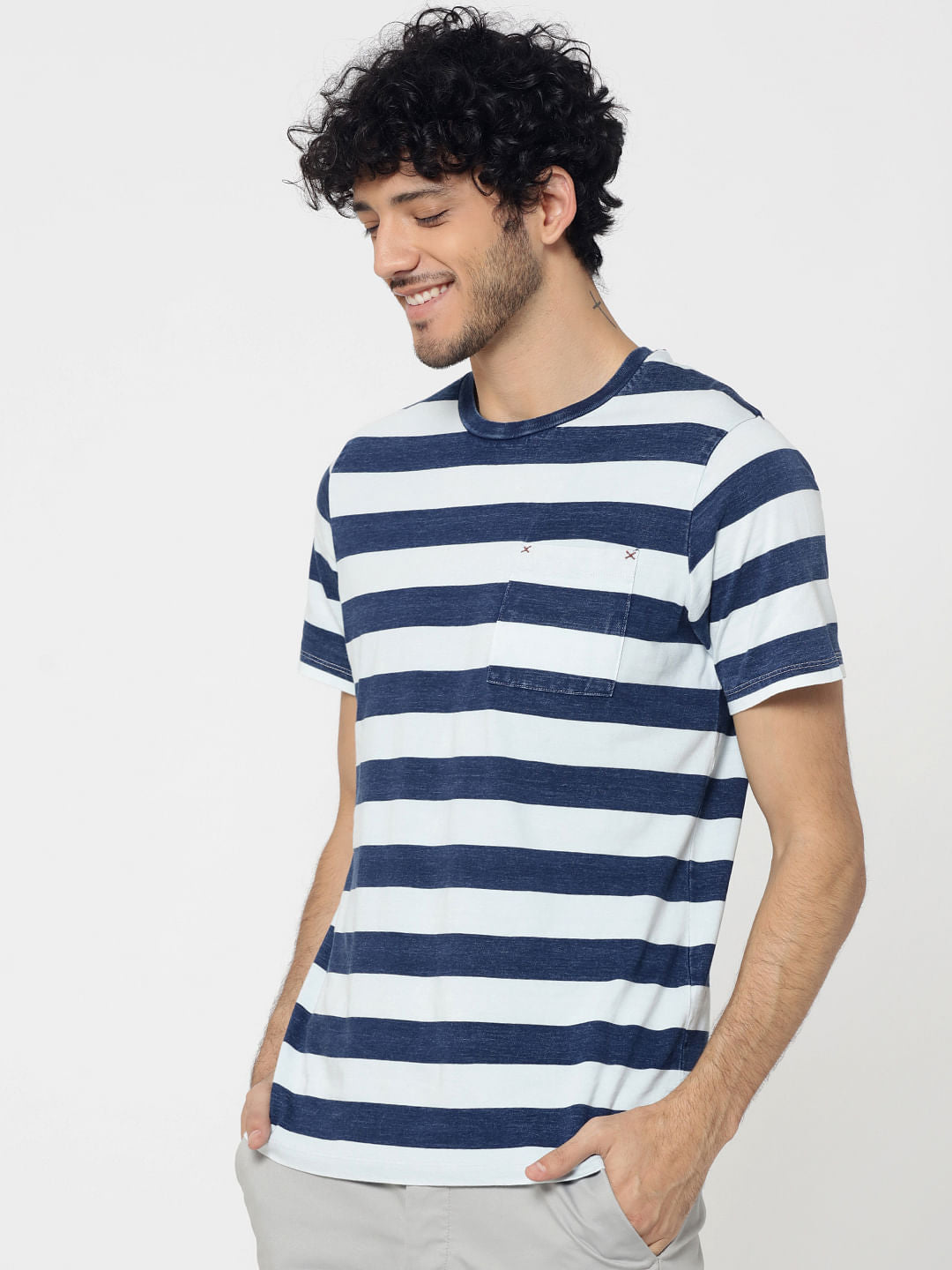 White & Indigo Block Striped Front Pocket Crew Neck T-Shirt