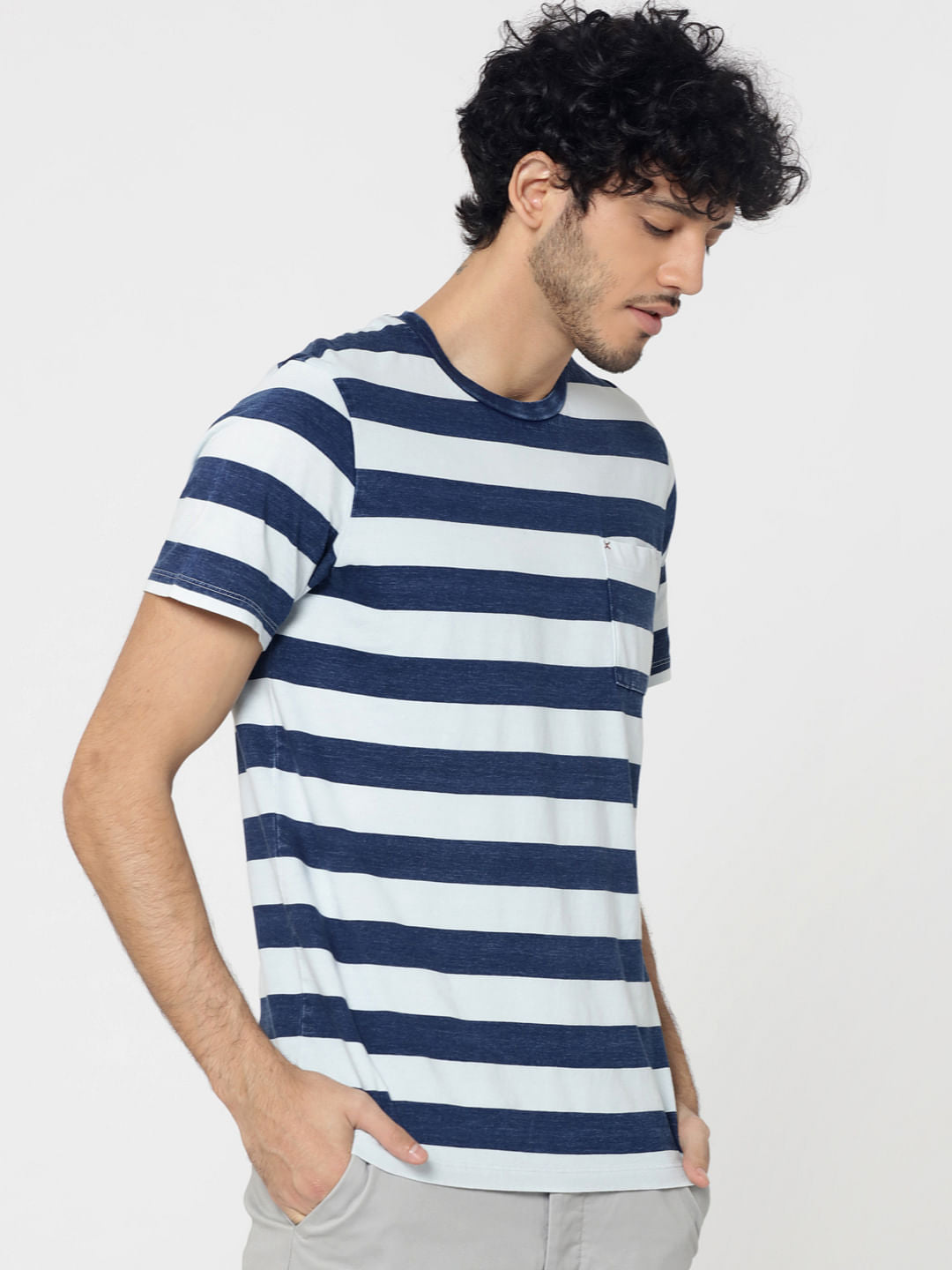 White & Indigo Block Striped Front Pocket Crew Neck T-Shirt