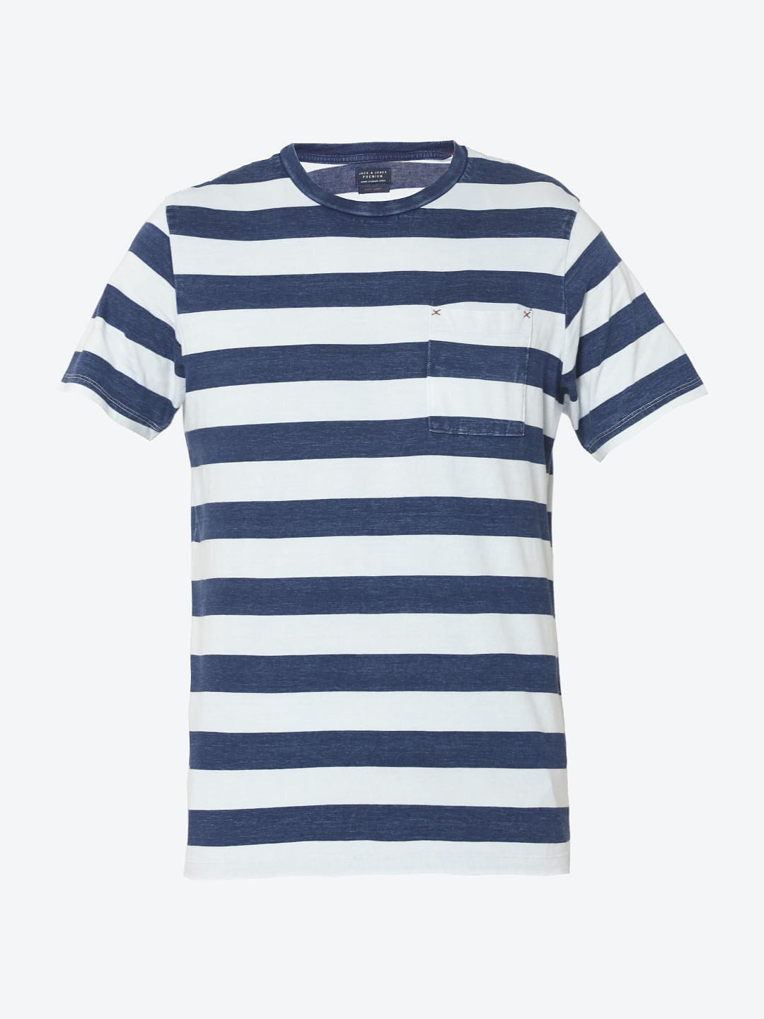White & Indigo Block Striped Front Pocket Crew Neck T-Shirt