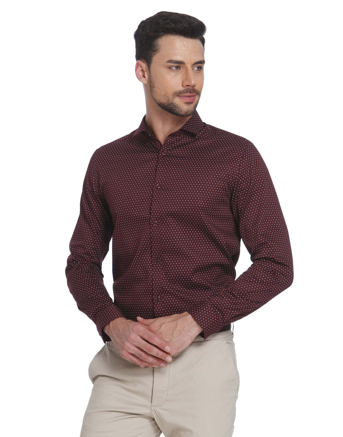 Burgundy Printed Slim Fit Shirt - S