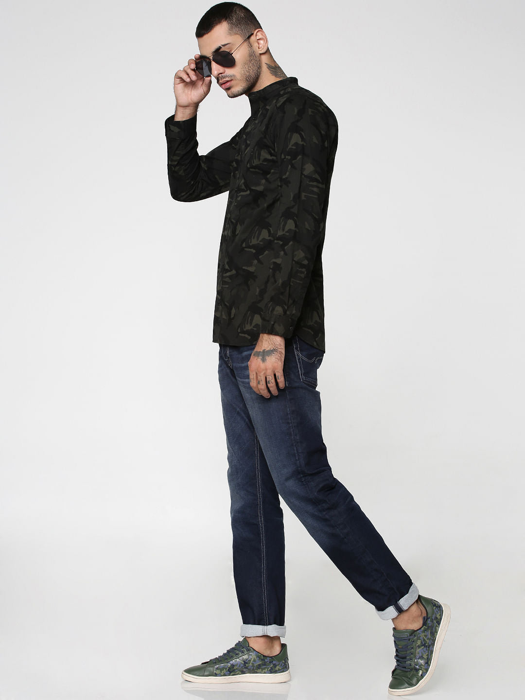 Olive Green Camo Print Mandarin Collar Full Sleeves Shirt