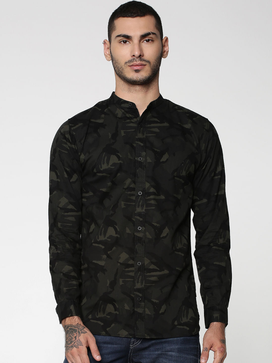 Olive Green Camo Print Mandarin Collar Full Sleeves Shirt - S