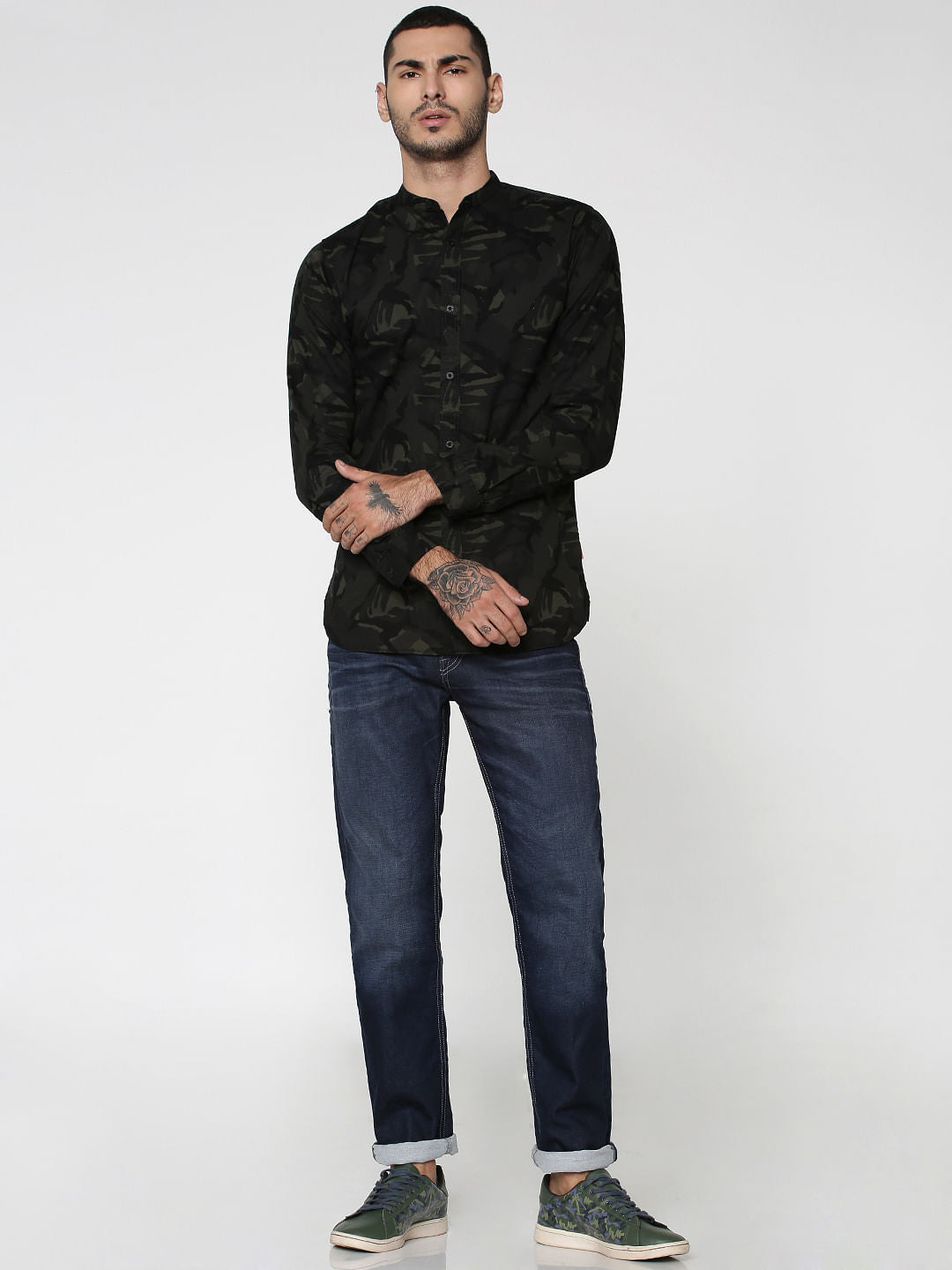 Olive Green Camo Print Mandarin Collar Full Sleeves Shirt