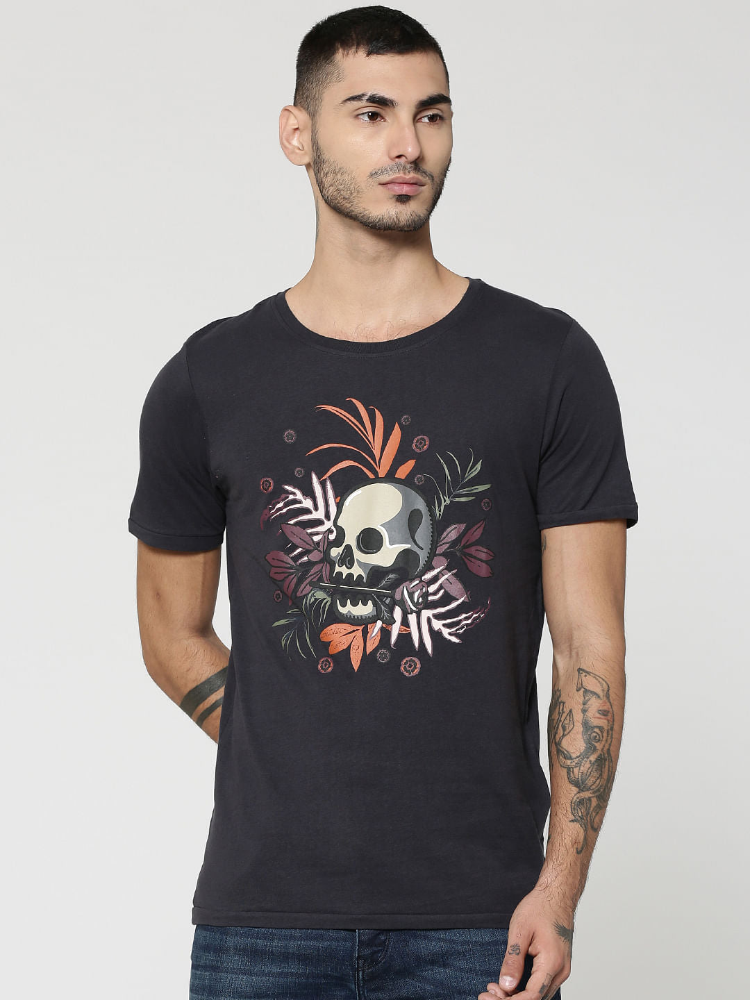 Black Skull Print Crew Neck T-Shirt - S