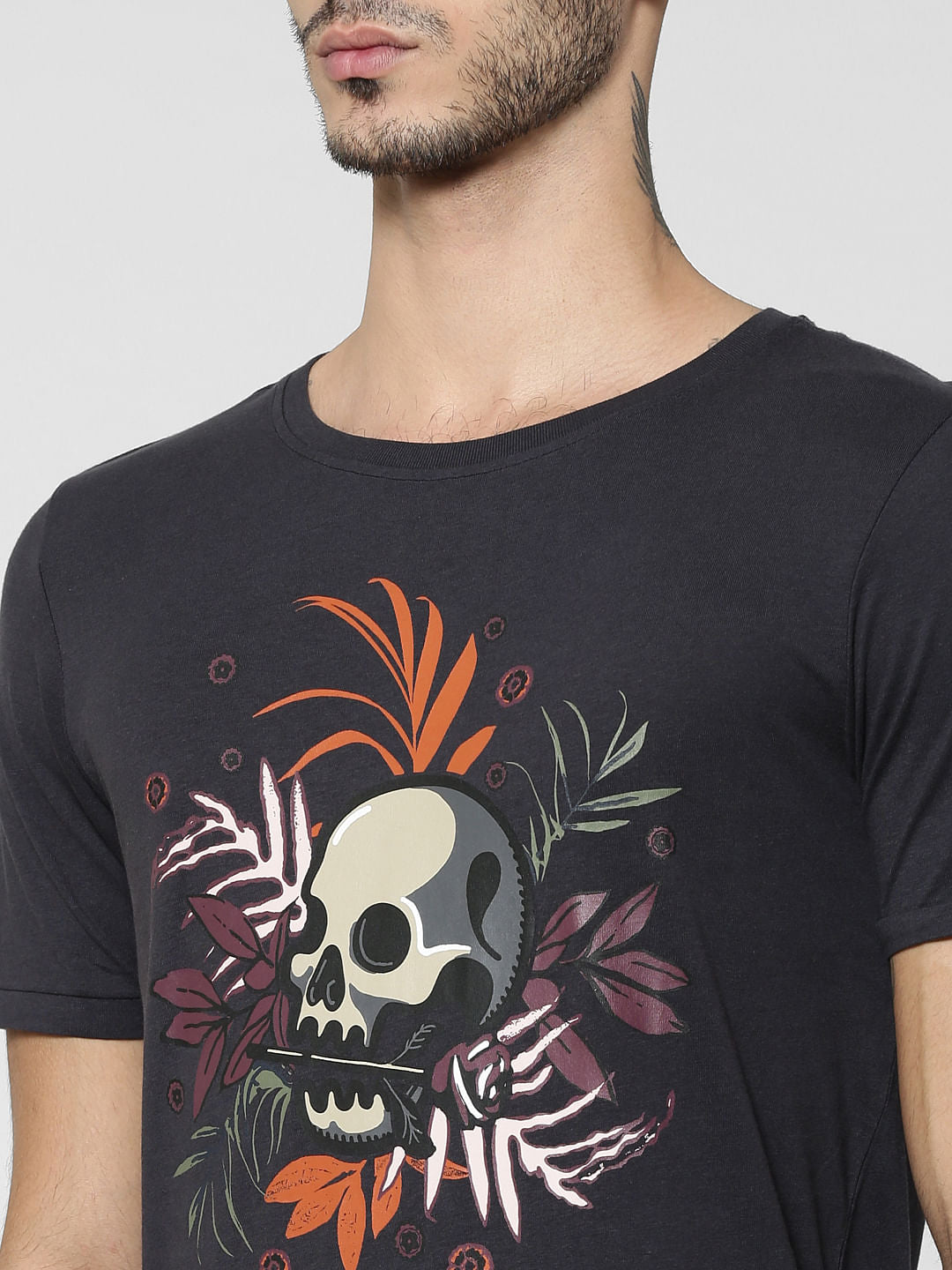 Black Skull Print Crew Neck T-Shirt