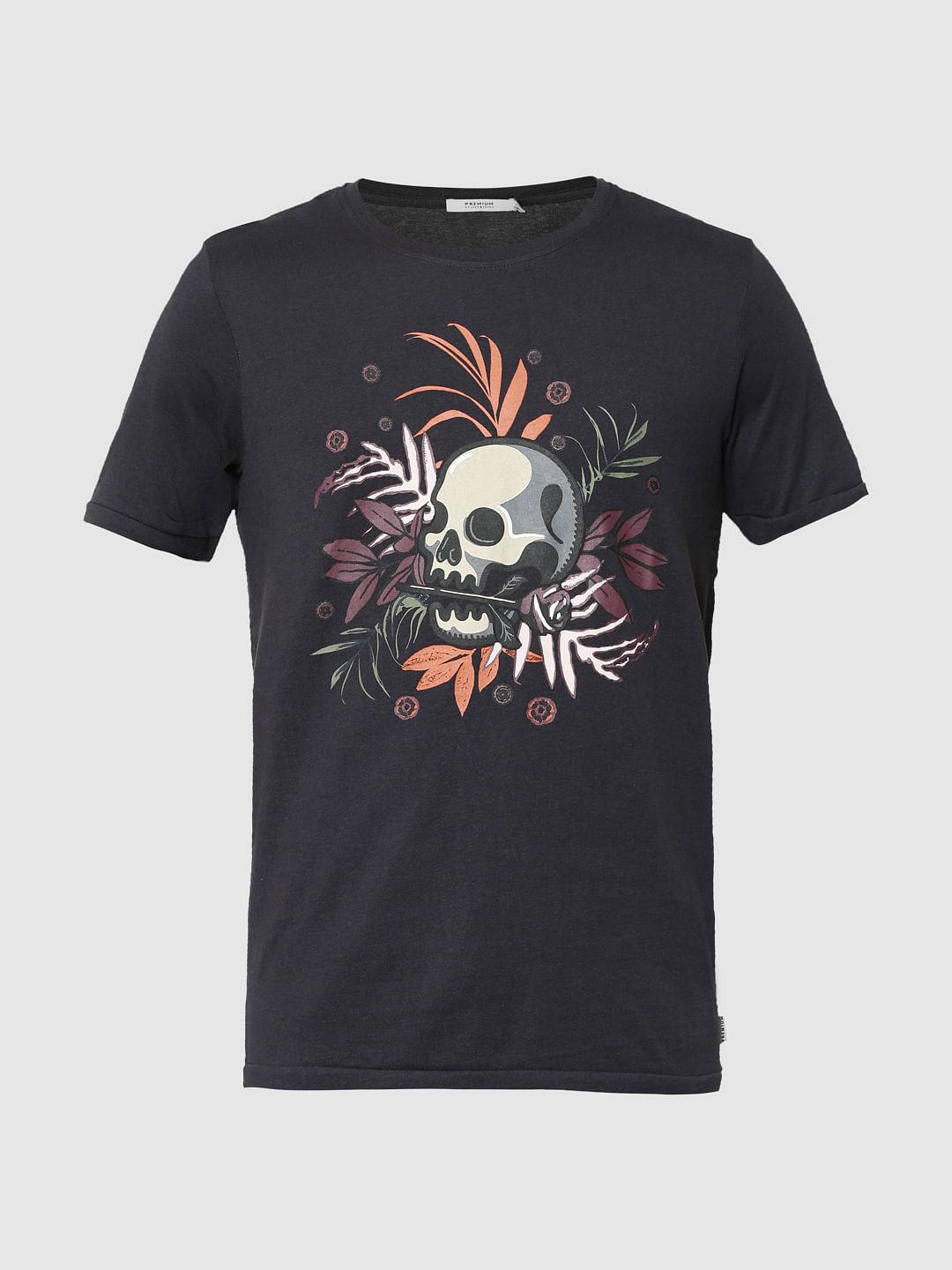 Black Skull Print Crew Neck T-Shirt