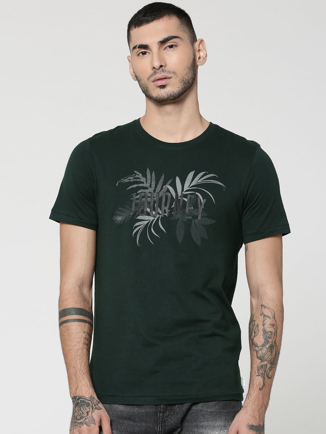 Green Leaf & Text Print Crew Neck T-Shirt
