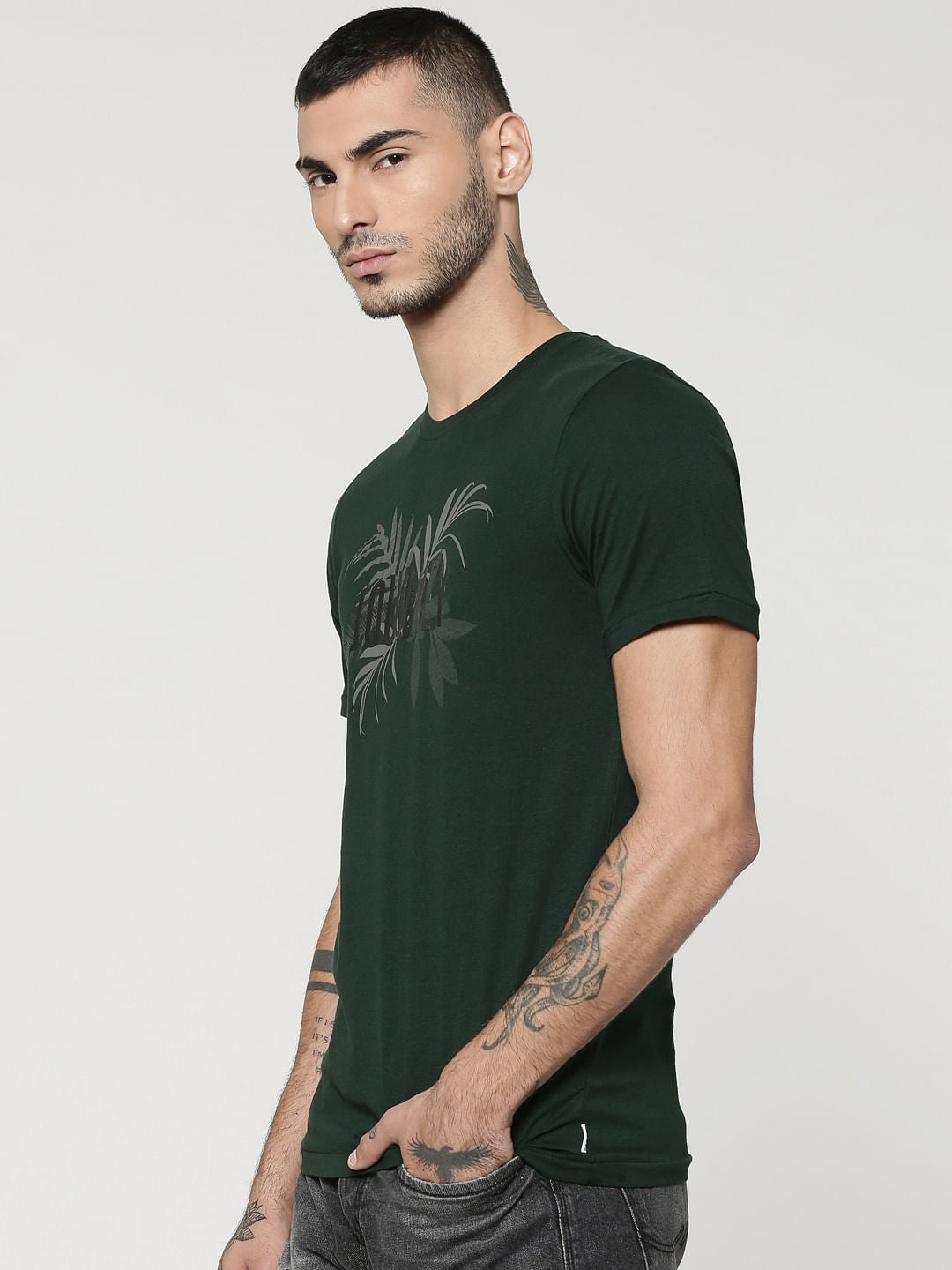 Green Leaf & Text Print Crew Neck T-Shirt