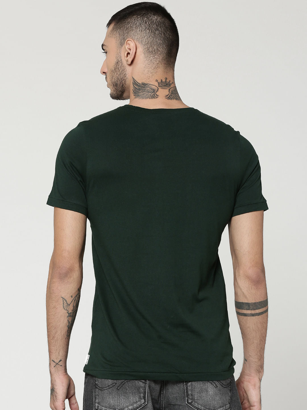 Green Leaf & Text Print Crew Neck T-Shirt
