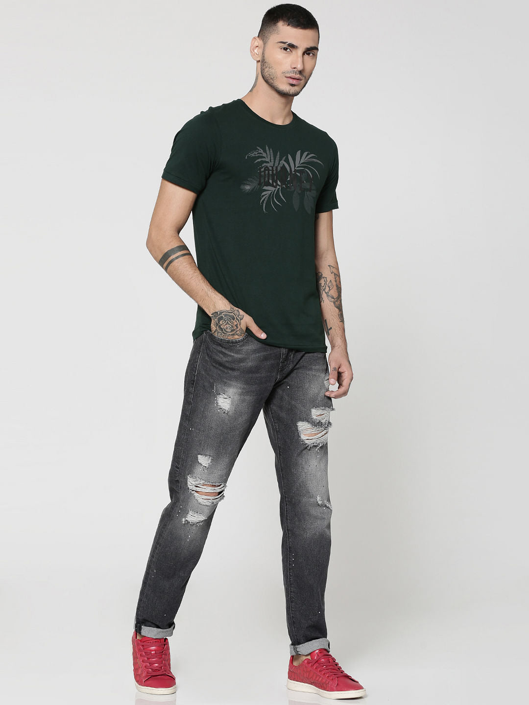 Green Leaf & Text Print Crew Neck T-Shirt