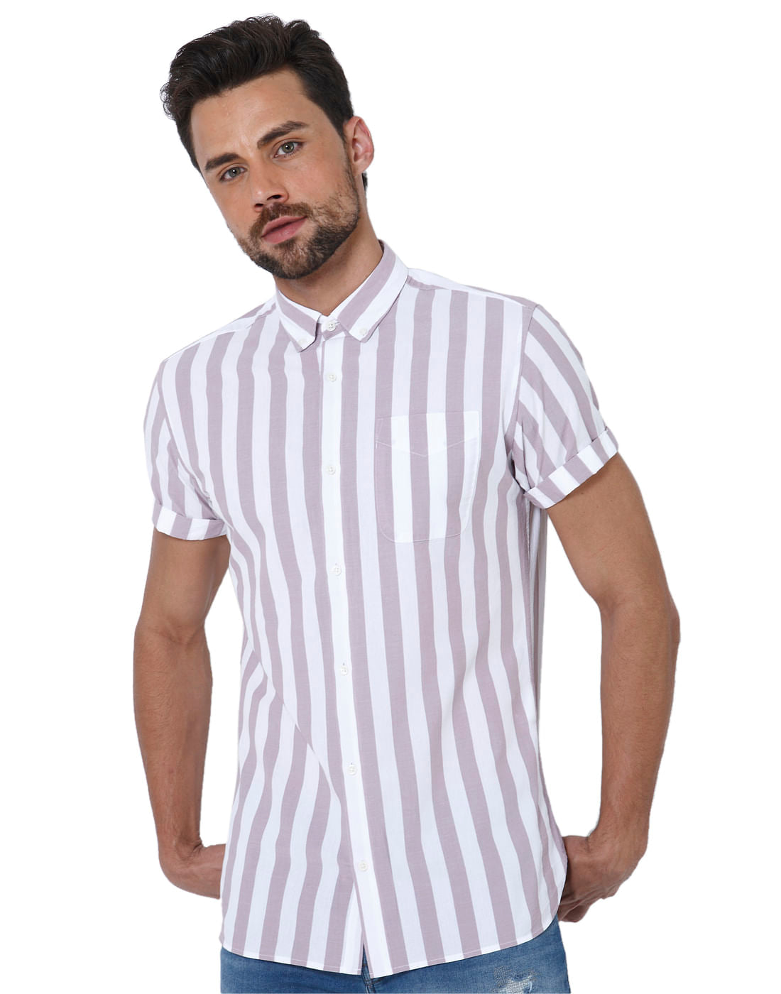 White & Beige Striped Slim Fit Shirt - S
