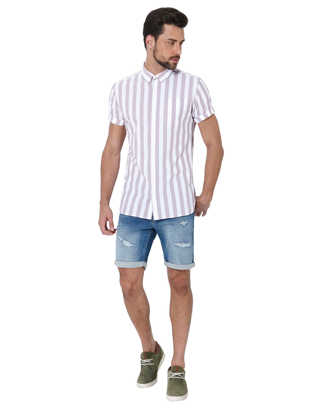White & Beige Striped Slim Fit Shirt