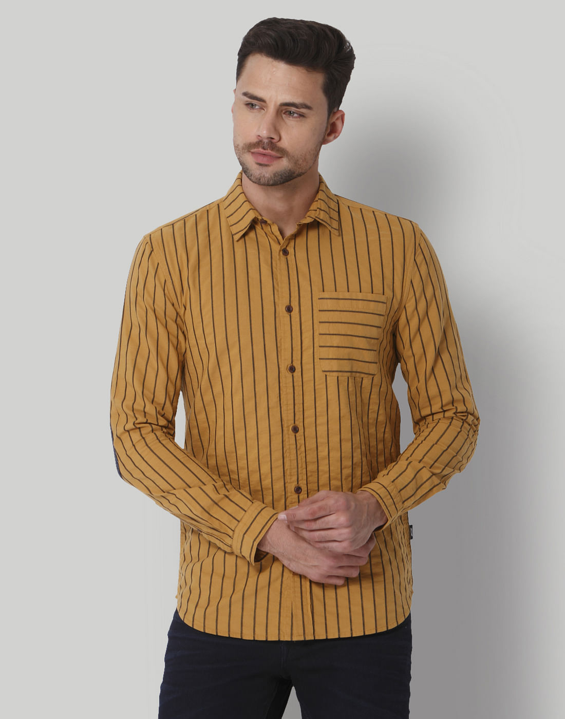Yellow Striped Mandarin Collar Shirt - S