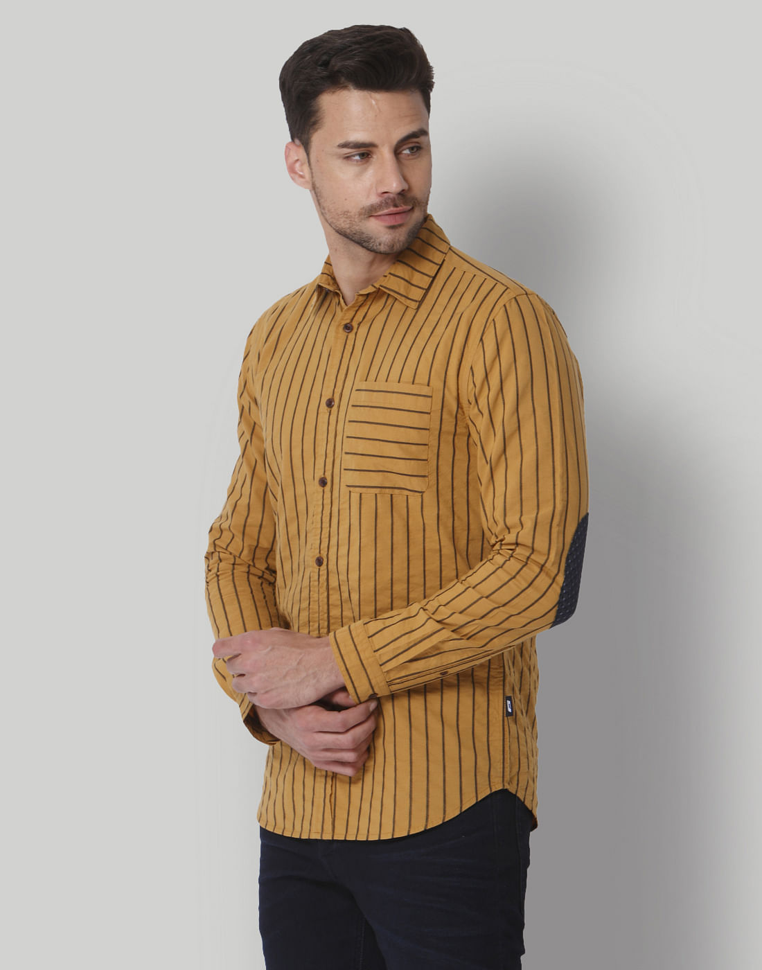 Yellow Striped Mandarin Collar Shirt