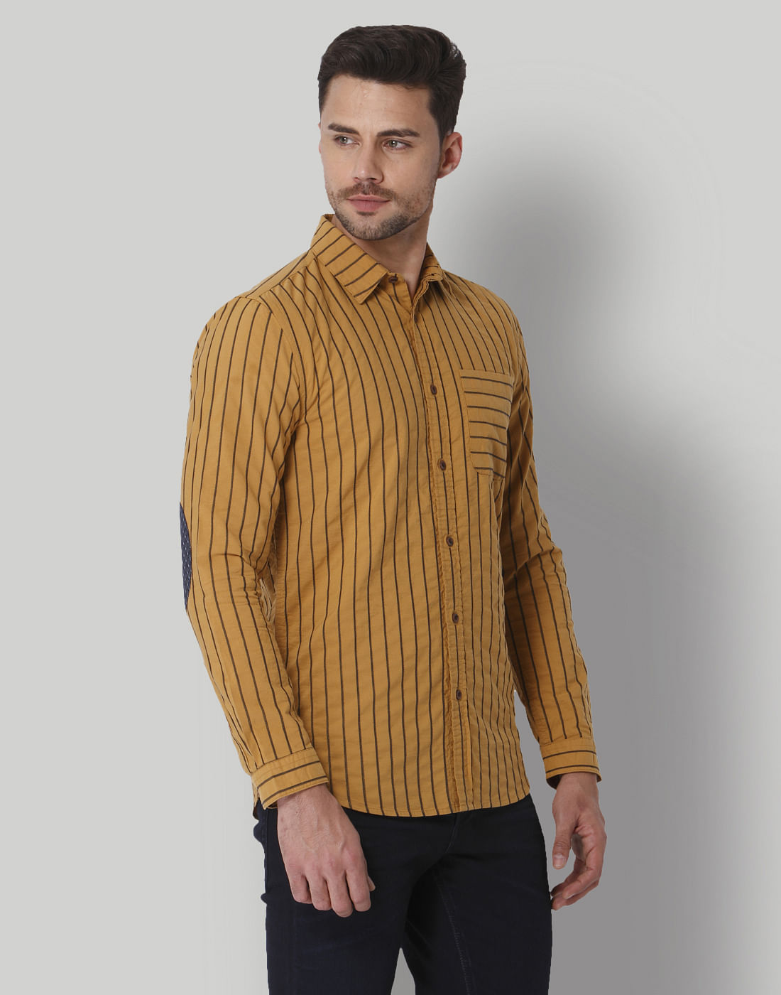 Yellow Striped Mandarin Collar Shirt