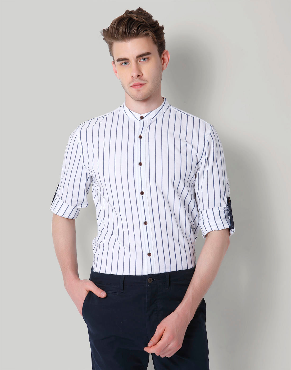 White Striped Mandarin Collar Shirt - S