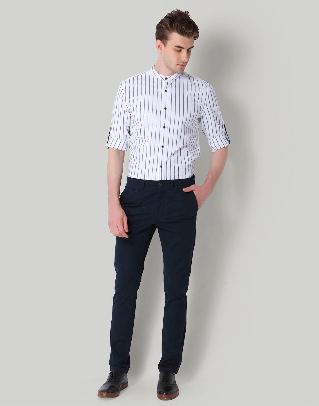 White Striped Mandarin Collar Shirt