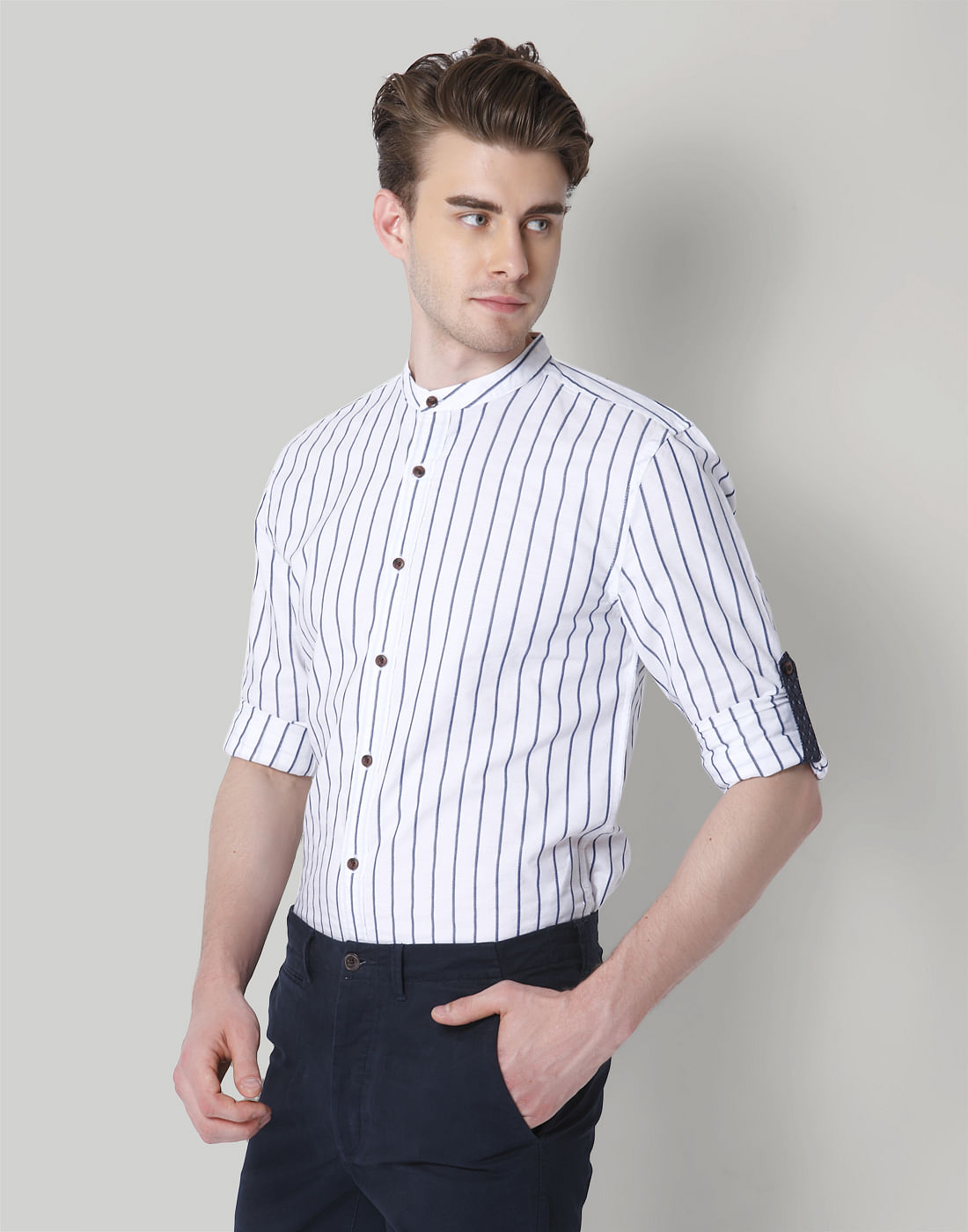 White Striped Mandarin Collar Shirt
