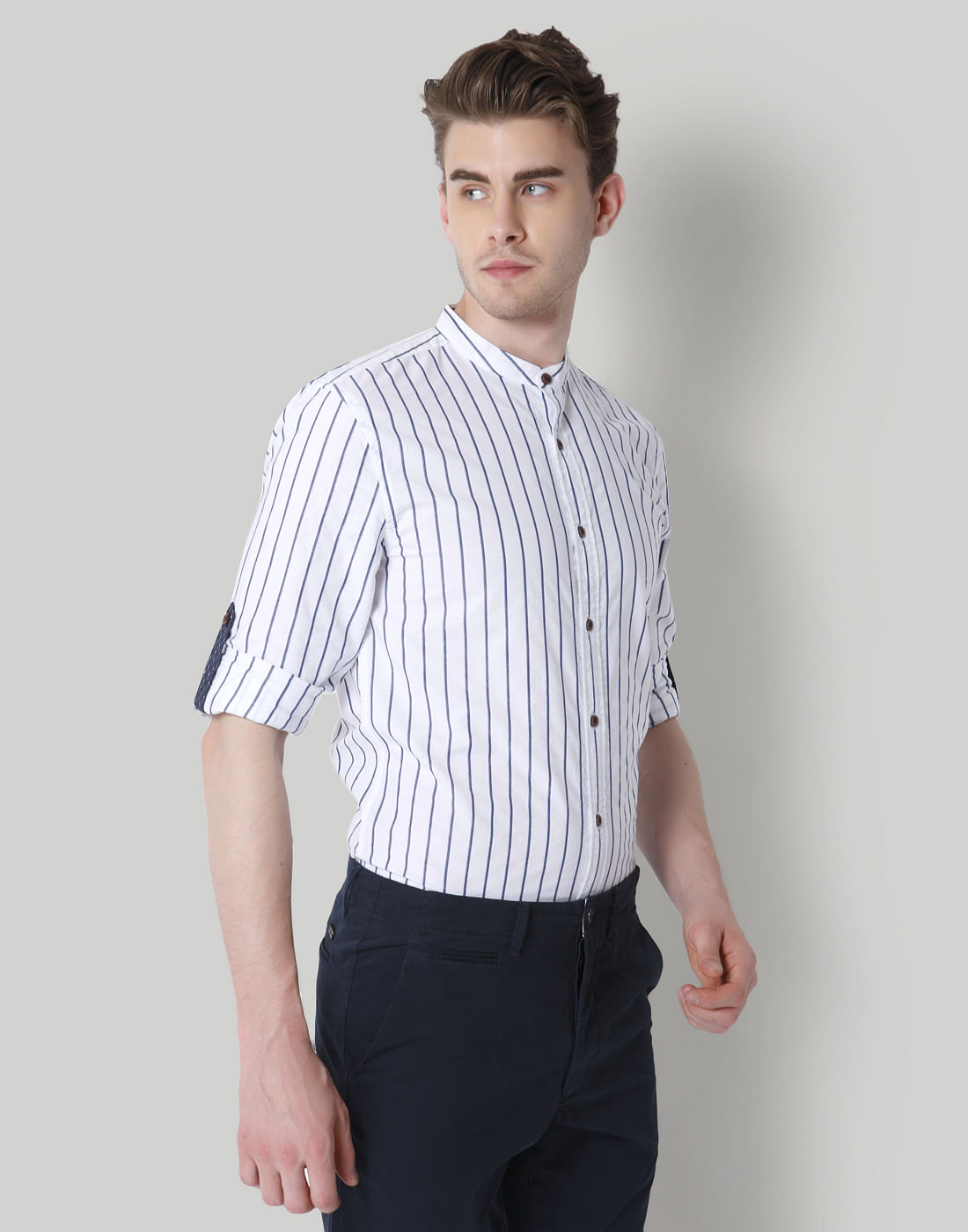 White Striped Mandarin Collar Shirt