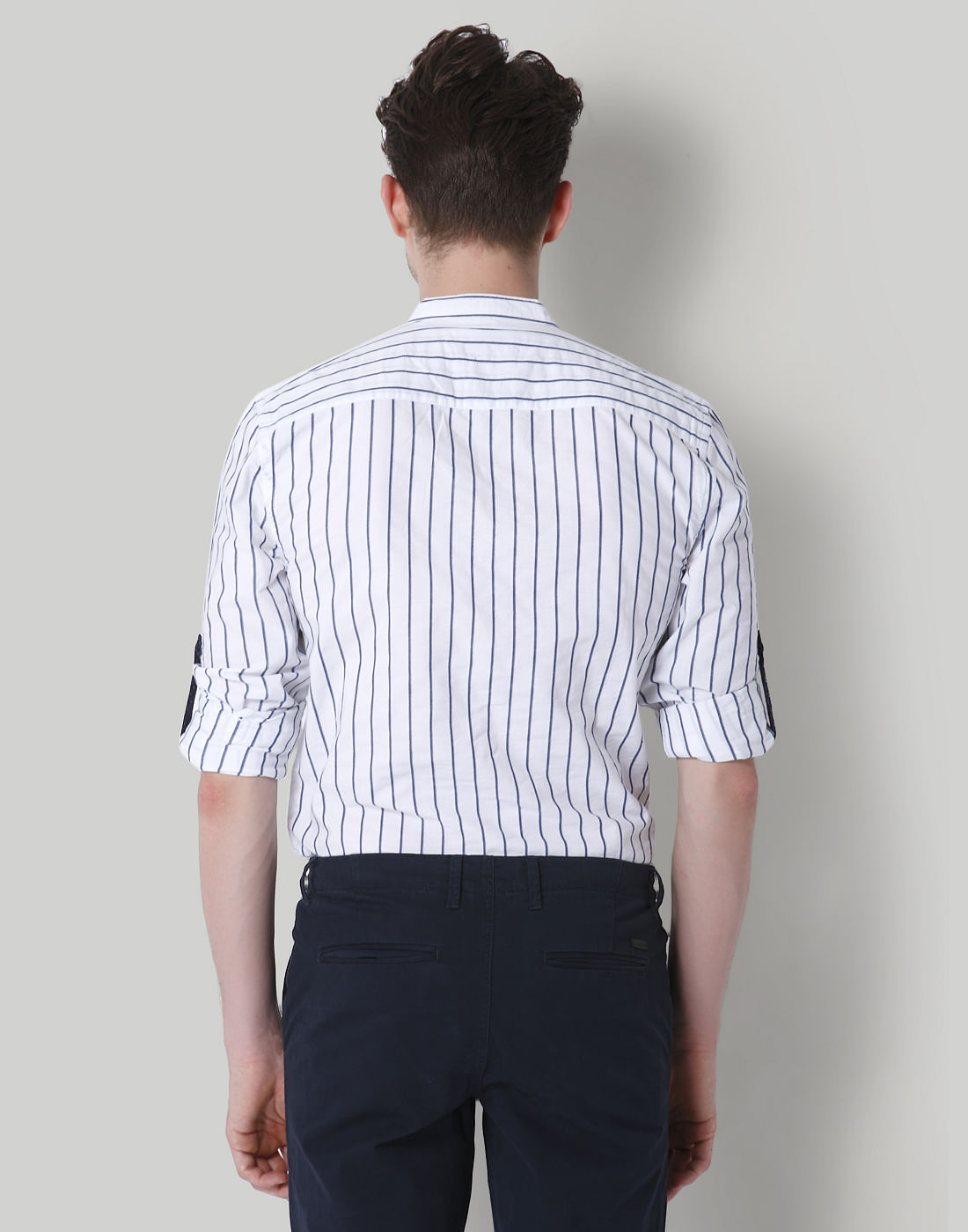 White Striped Mandarin Collar Shirt