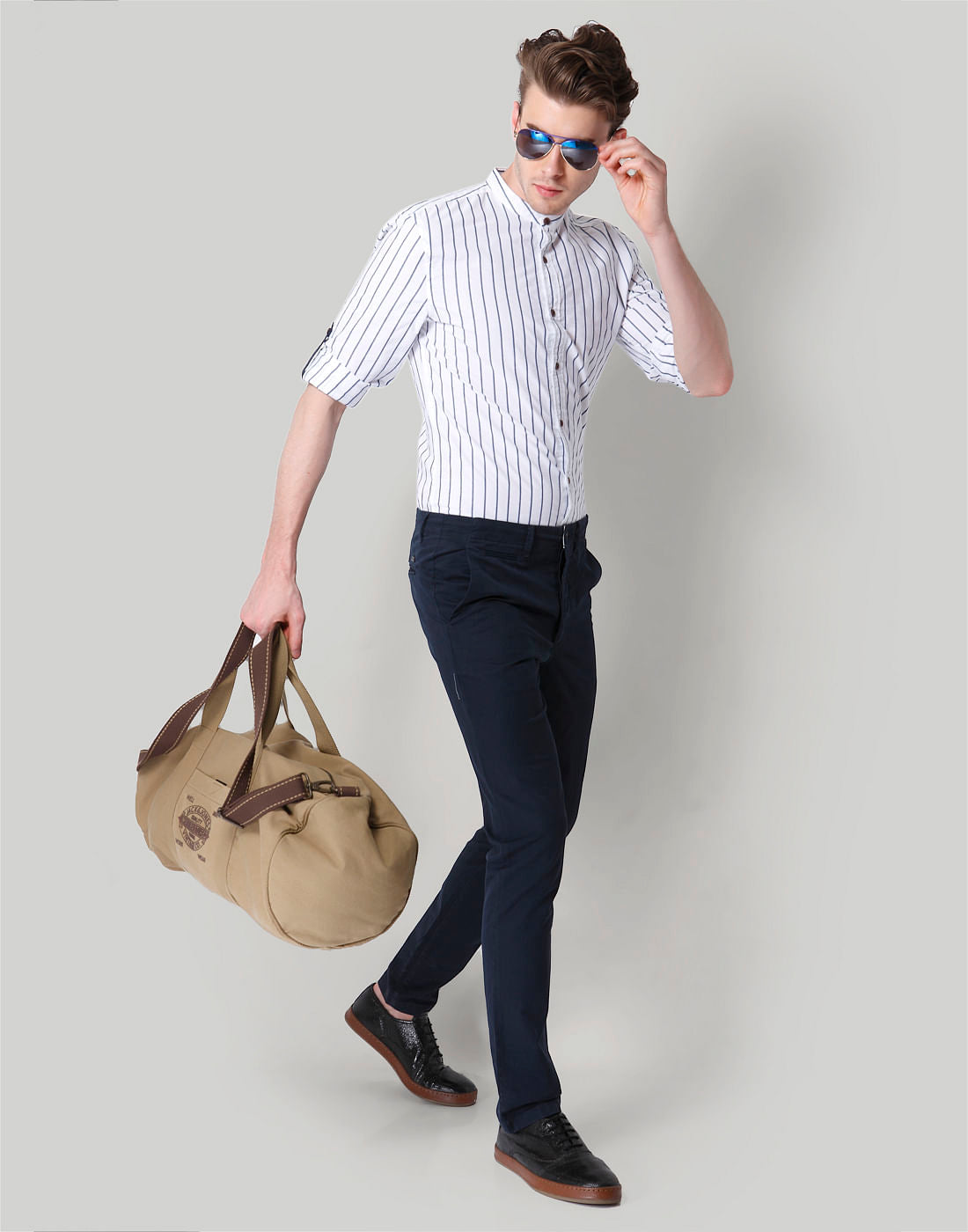 White Striped Mandarin Collar Shirt