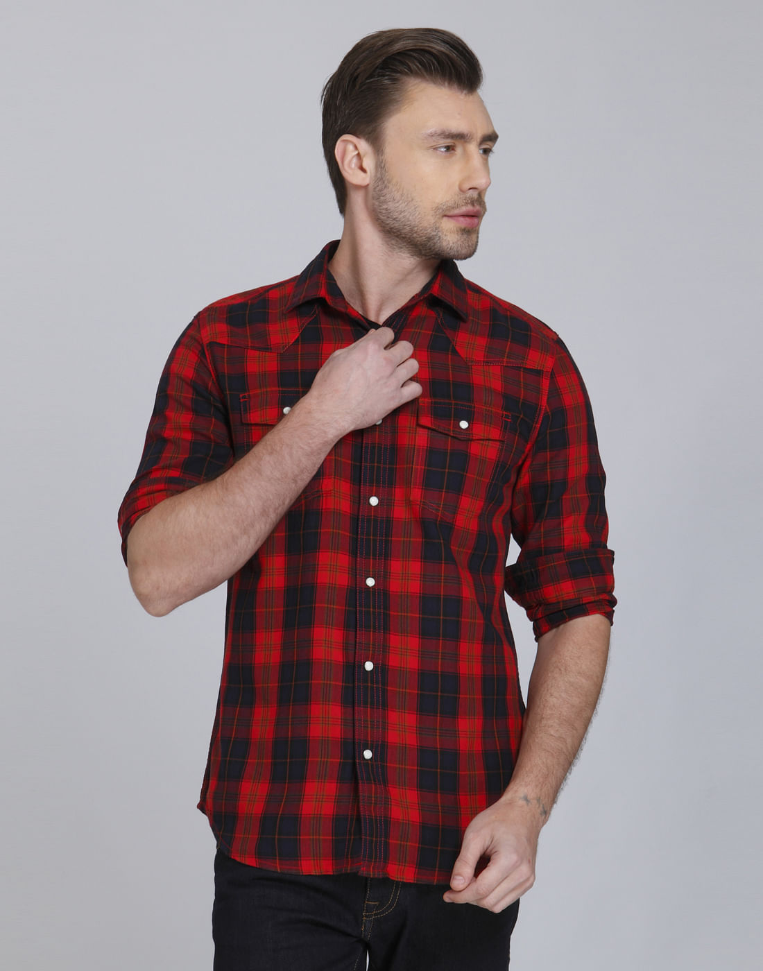 Bright Red & Black Check Slim Fit Shirt
