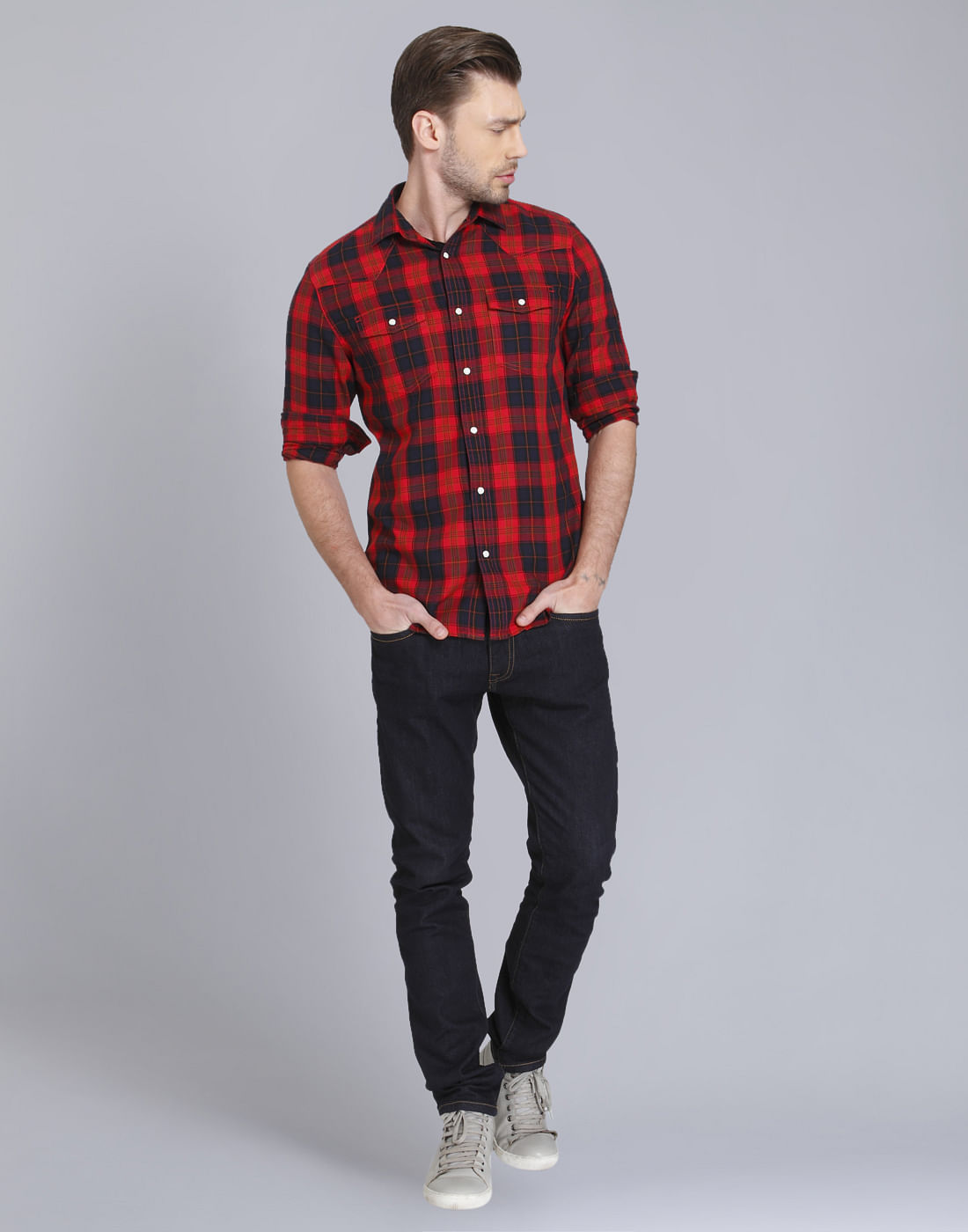 Bright Red & Black Check Slim Fit Shirt