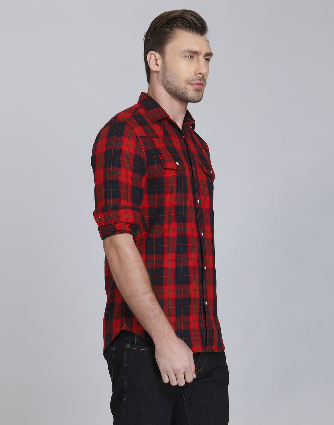 Bright Red & Black Check Slim Fit Shirt