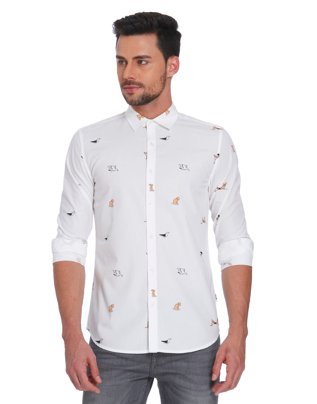 White Seagull Printed Slim Fit Shirt - S