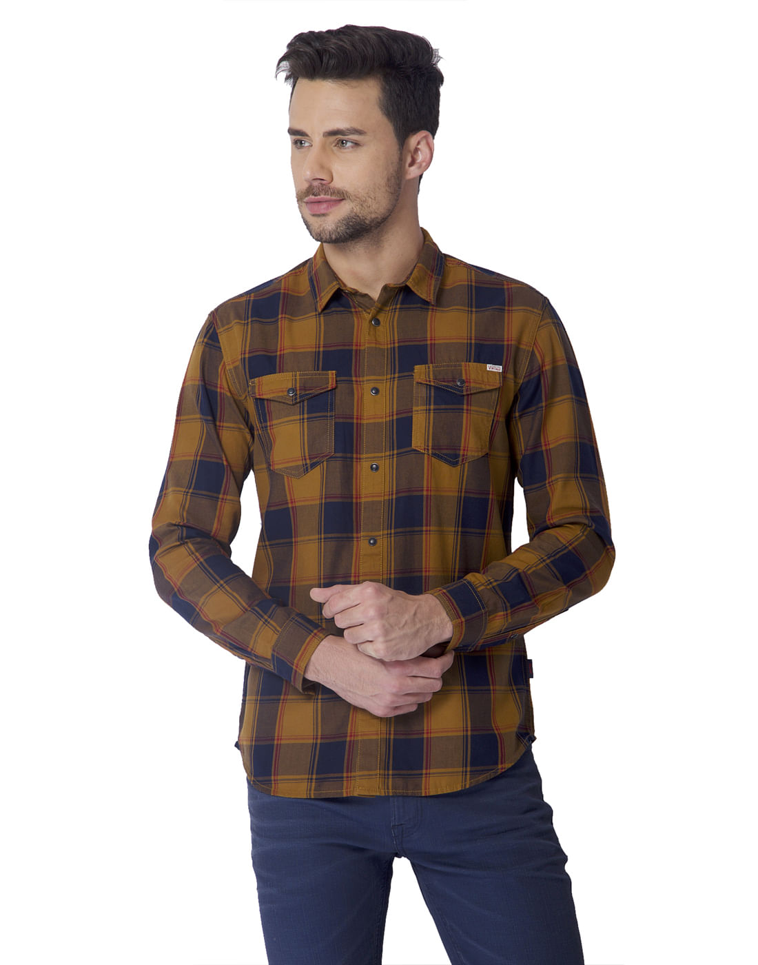 Brown Check Regular Fit Shirt - S