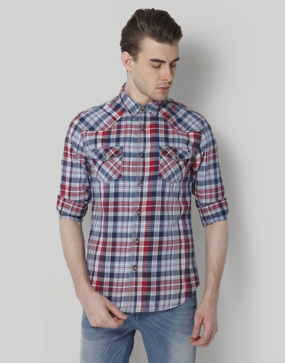 Red & Blue Check Slim Fit Shirt - S