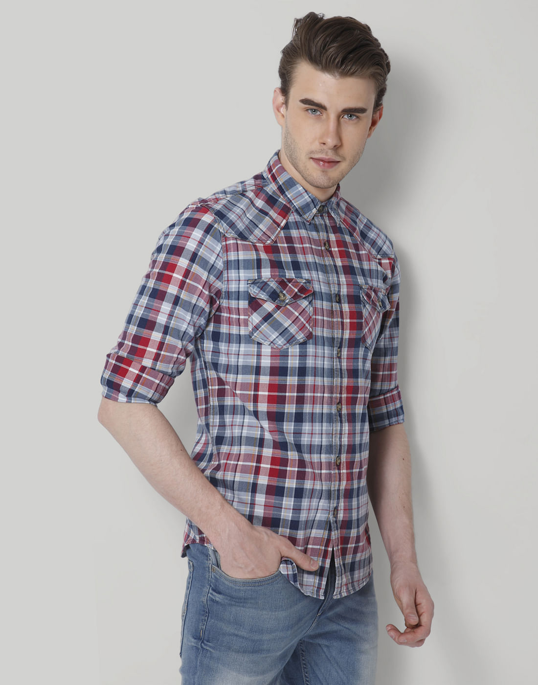 Red & Blue Check Slim Fit Shirt