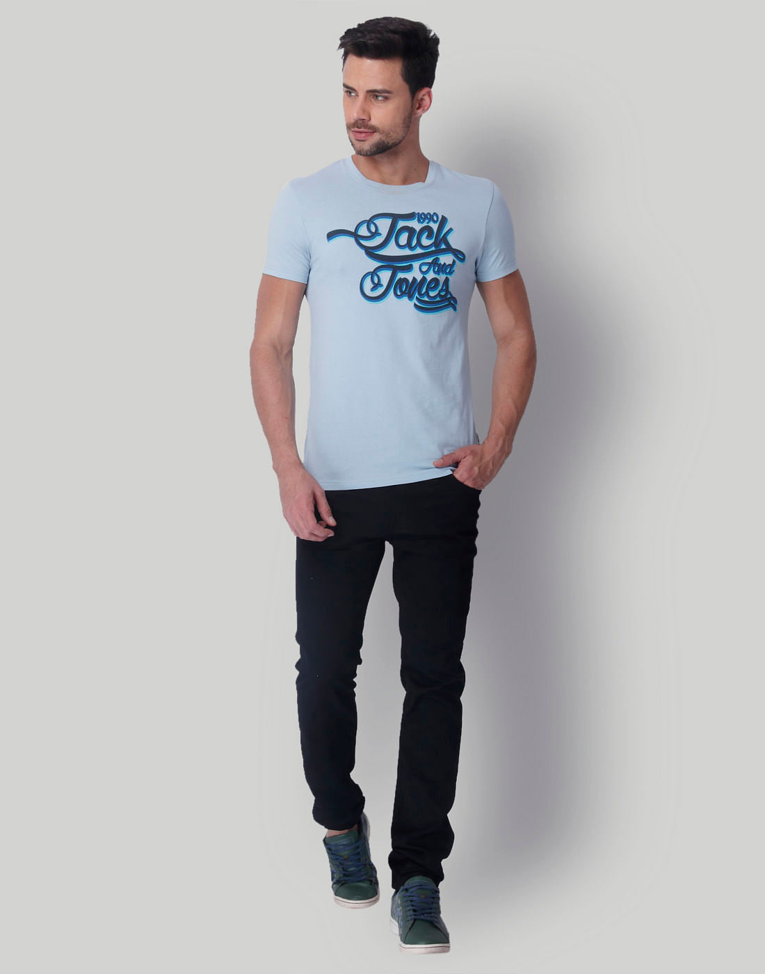 Powder Blue Logo Print Crew Neck T-Shirt