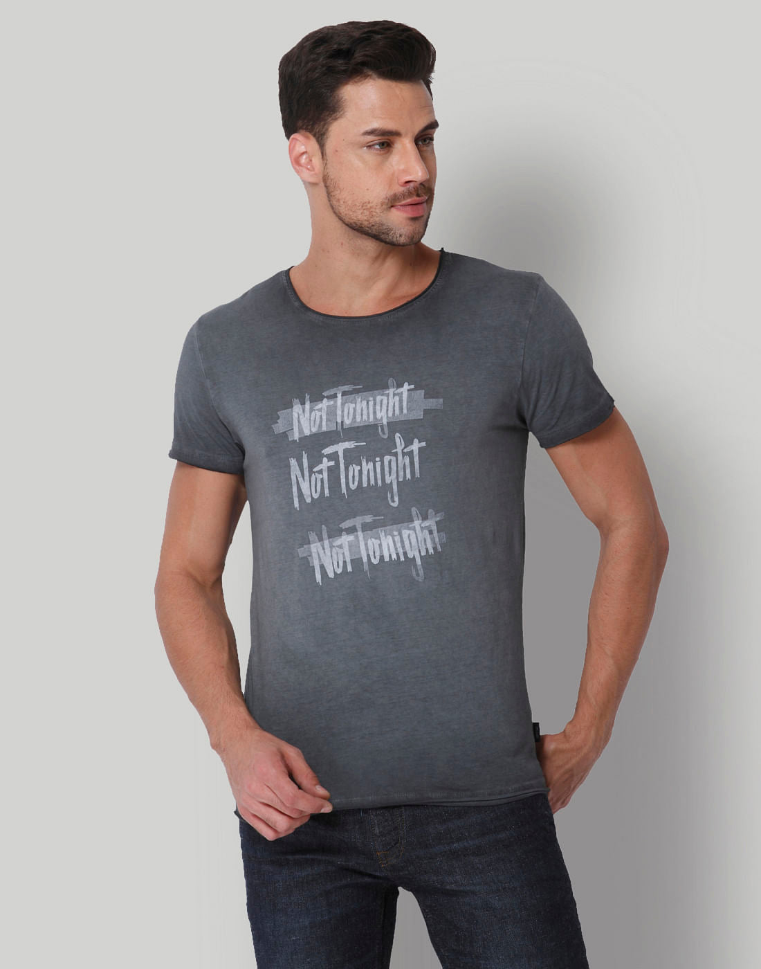 Grey Text Print Crew Neck T-Shirt - S