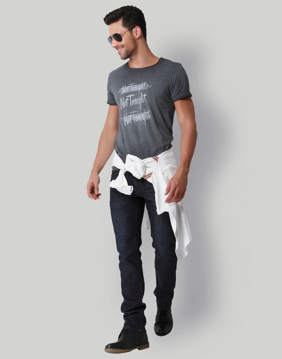 Grey Text Print Crew Neck T-Shirt