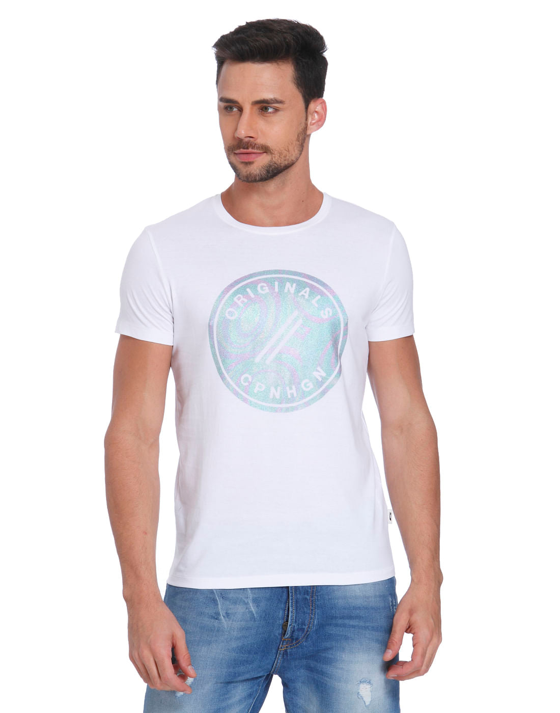 White Tiger & Floral Print Polo Neck T-Shirt - S