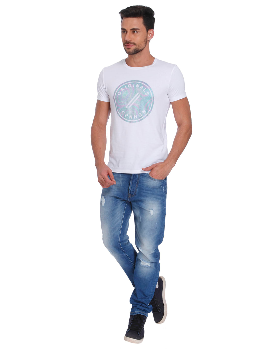 White Tiger & Floral Print Polo Neck T-Shirt