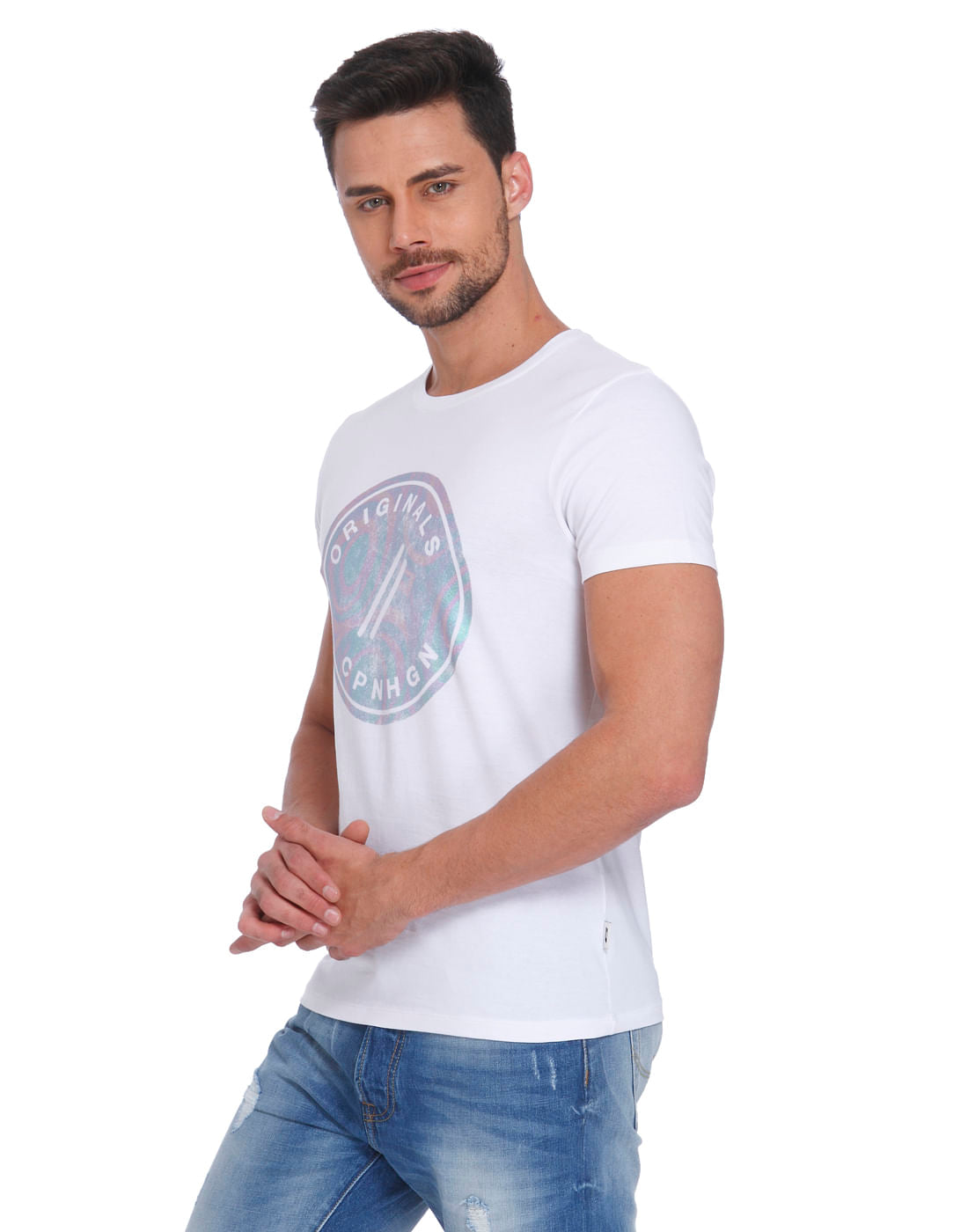 White Tiger & Floral Print Polo Neck T-Shirt