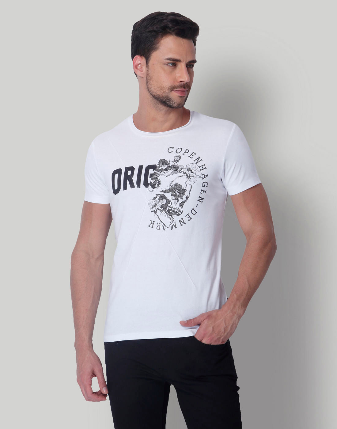 White Skull Print Crew Neck T-Shirt