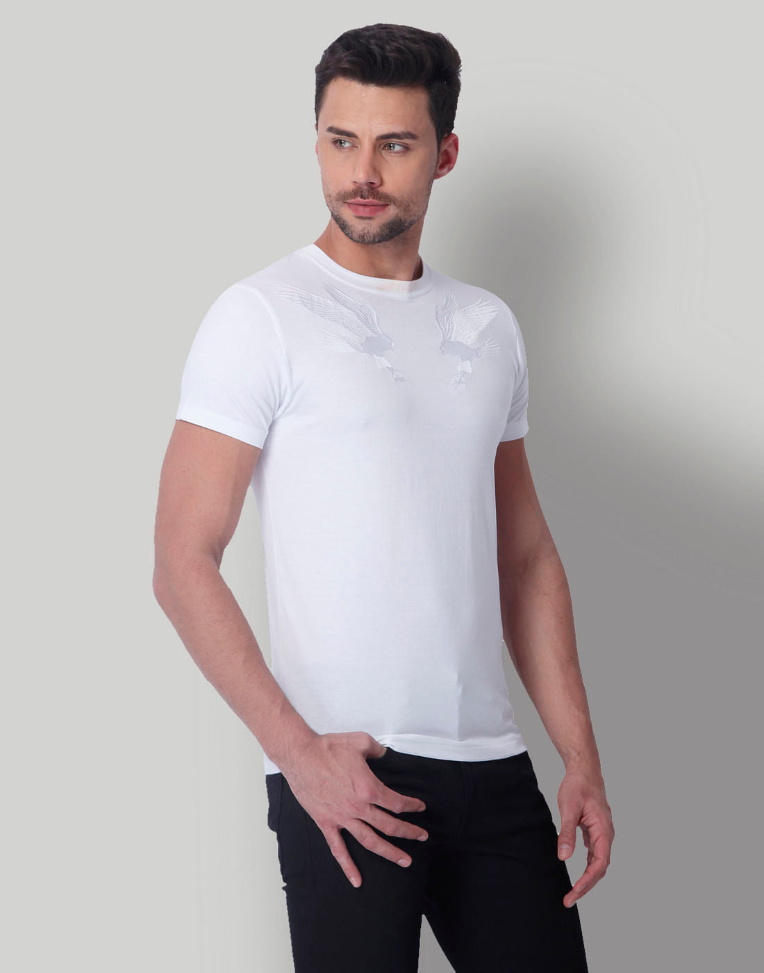White Falcon Print Crew Neck T-Shirt