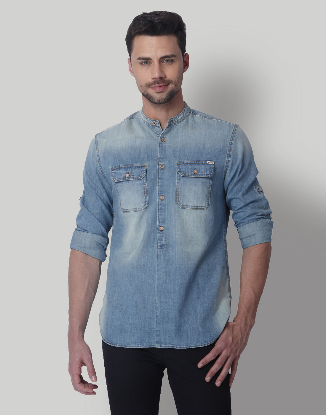 Blue Mandarin Collar Denim Shirt - S