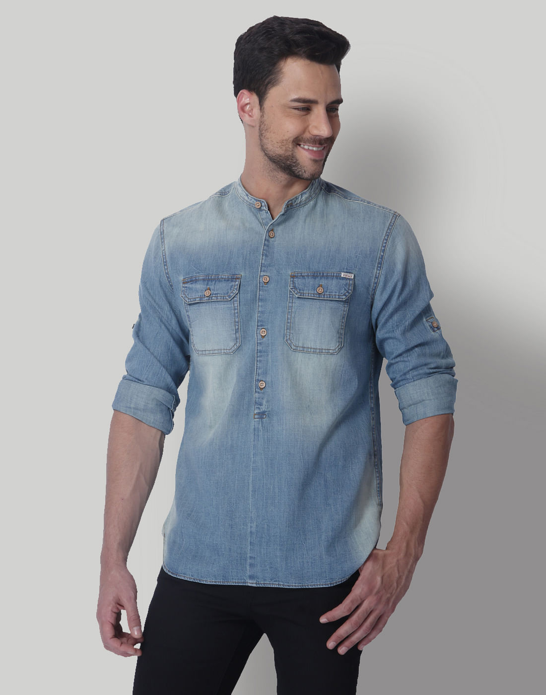 Blue Mandarin Collar Denim Shirt