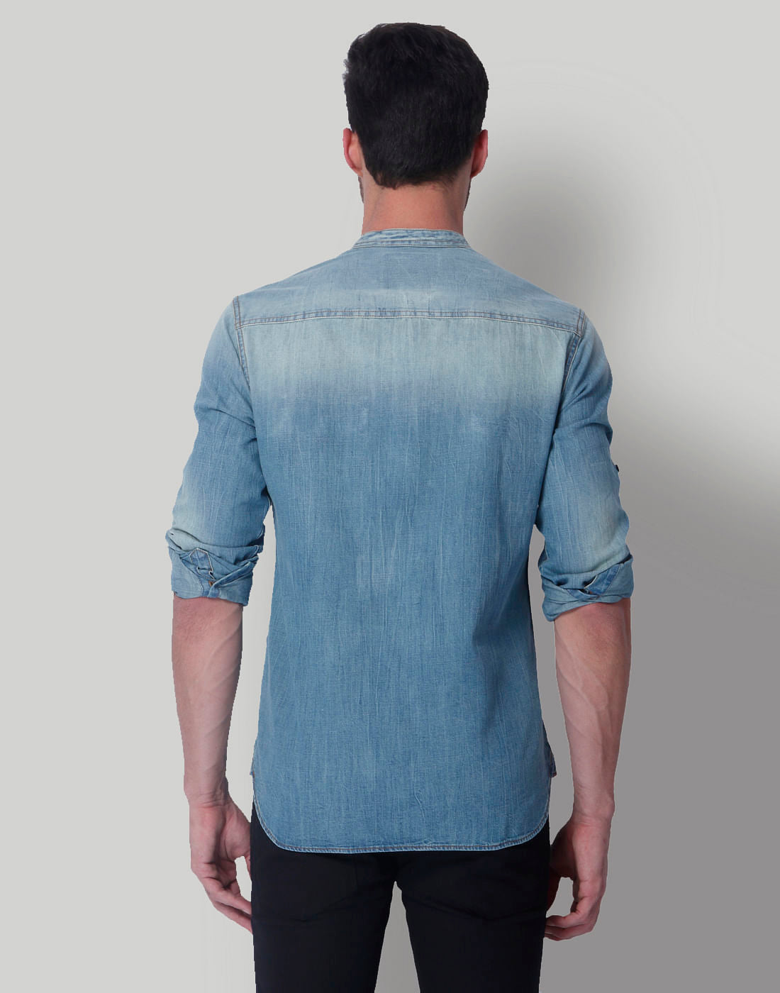 Blue Mandarin Collar Denim Shirt