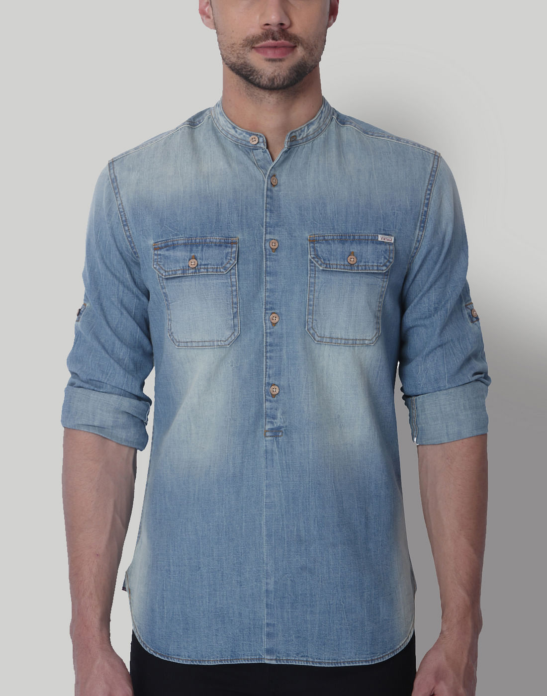 Blue Mandarin Collar Denim Shirt