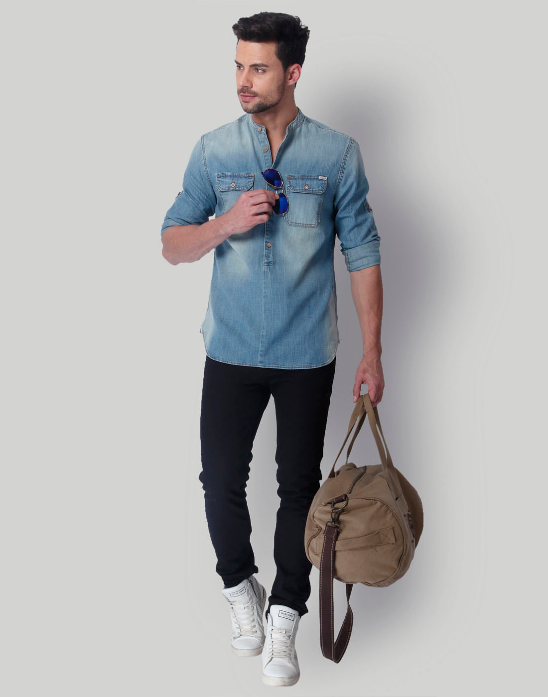 Blue Mandarin Collar Denim Shirt
