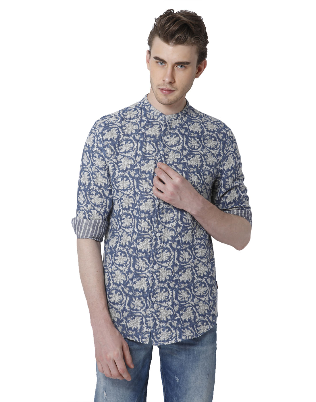 Blue Printed Mandarin Collar Shirt - S