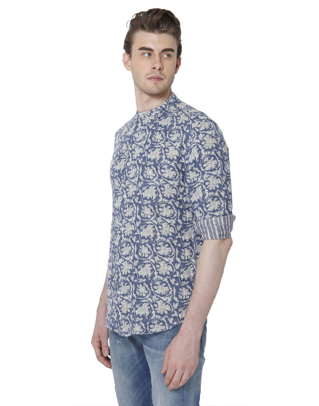 Blue Printed Mandarin Collar Shirt