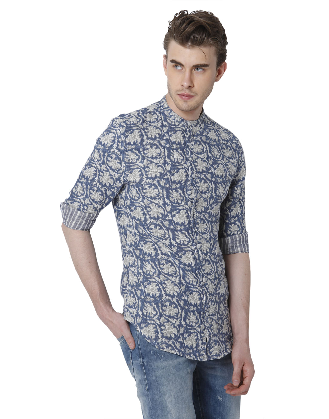 Blue Printed Mandarin Collar Shirt
